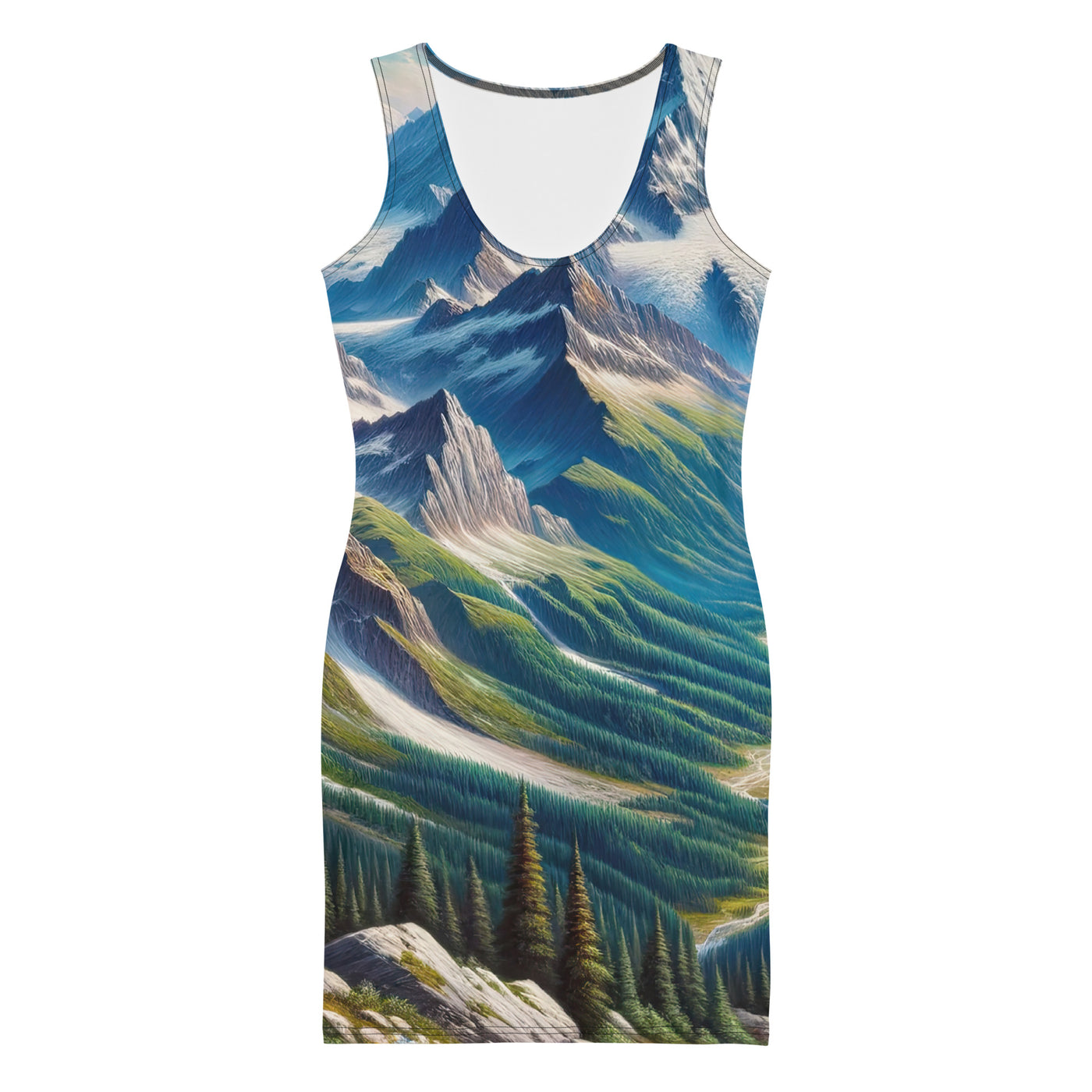 Panorama-Ölgemälde der Alpen mit schneebedeckten Gipfeln und schlängelnden Flusstälern - Langes Damen Kleid (All-Over Print) berge xxx yyy zzz XL