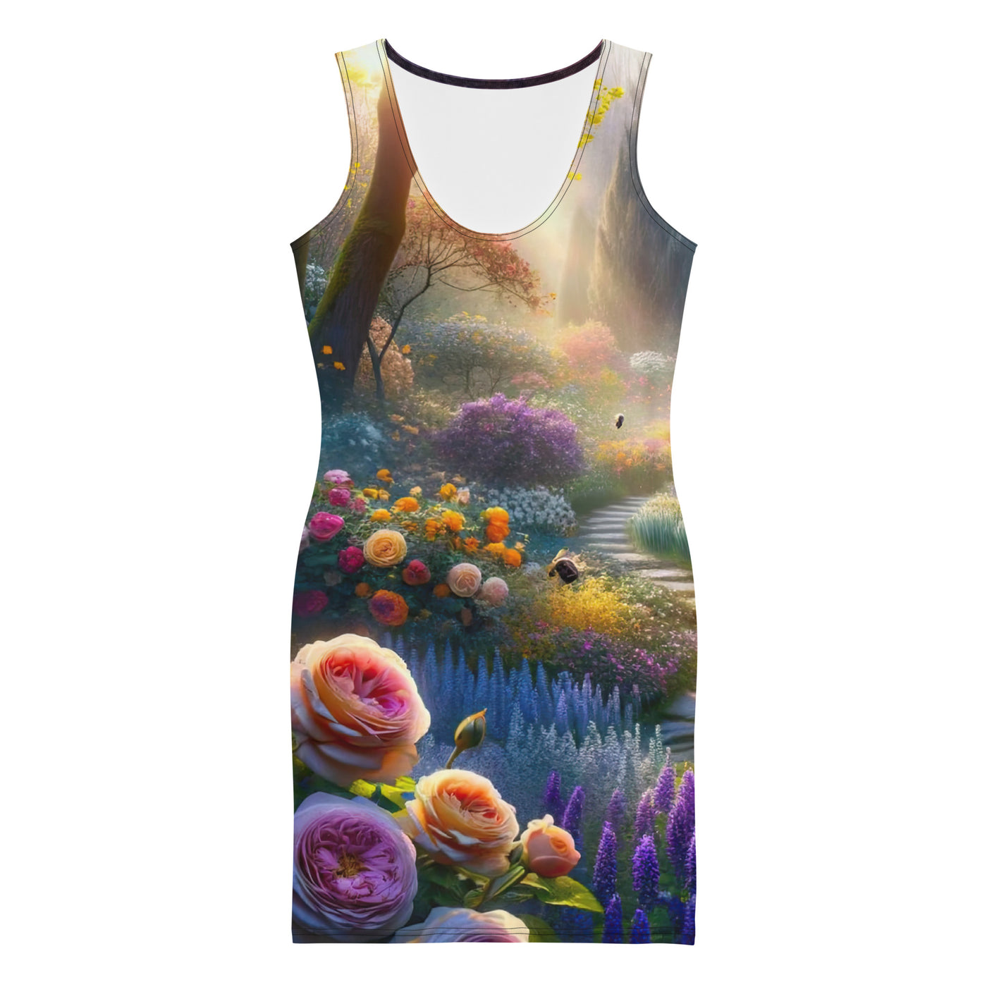 Foto einer Gartenszene im Frühling mit Weg durch blühende Rosen und Veilchen - Langes Damen Kleid (All-Over Print) camping xxx yyy zzz XL
