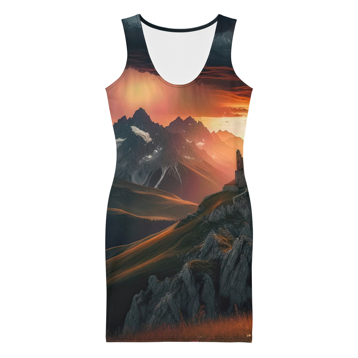 Foto einer Alpenburg bei stürmischem Sonnenuntergang, dramatische Wolken und Sonnenstrahlen - Langes Damen Kleid (All-Over Print) berge xxx yyy zzz XL