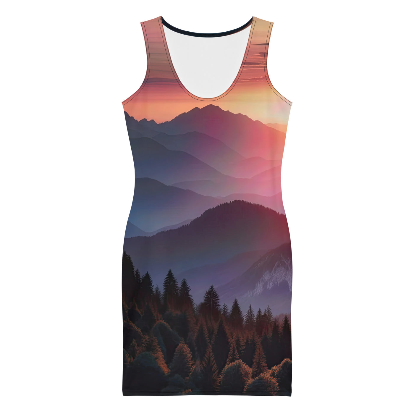 Foto der Alpenwildnis beim Sonnenuntergang, Himmel in warmen Orange-Tönen - Langes Damen Kleid (All-Over Print) berge xxx yyy zzz