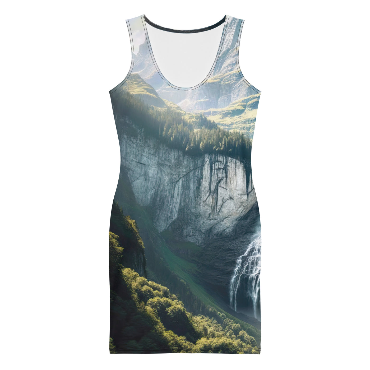 Foto der sommerlichen Alpen mit üppigen Gipfeln und Wasserfall - Langes Damen Kleid (All-Over Print) berge xxx yyy zzz XL