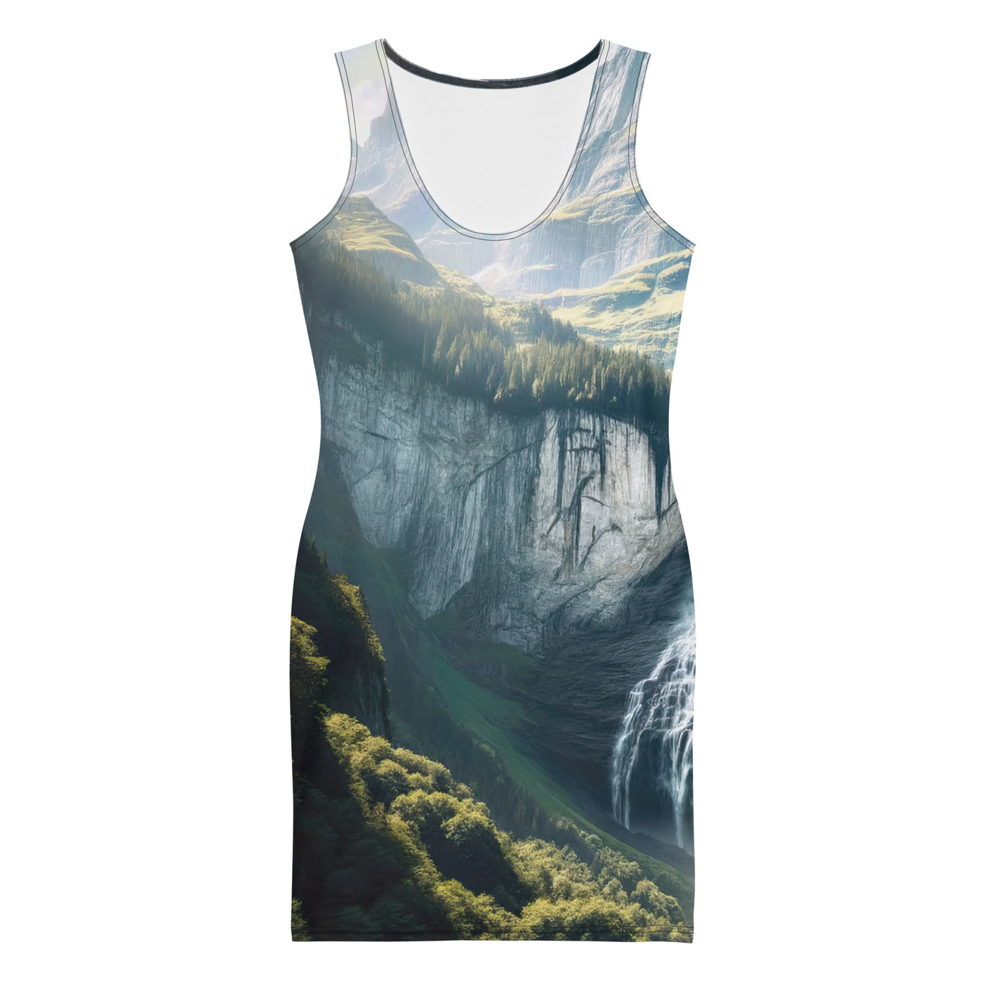 Foto der sommerlichen Alpen mit üppigen Gipfeln und Wasserfall - Langes Damen Kleid (All-Over Print) berge xxx yyy zzz