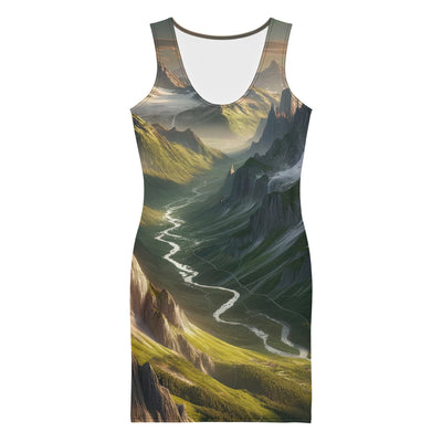 Fotorealistisches Bild der Alpen mit österreichischer Flagge, scharfen Gipfeln und grünen Tälern - Langes Damen Kleid (All-Over Print) berge xxx yyy zzz