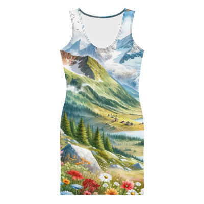 Quadratisches Aquarell der Alpen, Berge mit schneebedeckten Spitzen - Langes Damen Kleid (All-Over Print) berge xxx yyy zzz