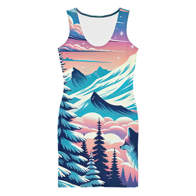 Vektorgrafik eines alpinen Winterwunderlandes mit schneebedeckten Kiefern und einem Fuchs - Langes Damen Kleid (All-Over Print) camping xxx yyy zzz XL