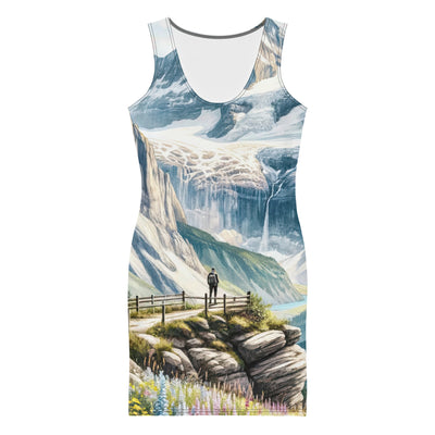 Aquarell-Panoramablick der Alpen mit schneebedeckten Gipfeln, Wasserfällen und Wanderern - Langes Damen Kleid (All-Over Print) wandern xxx yyy zzz XL