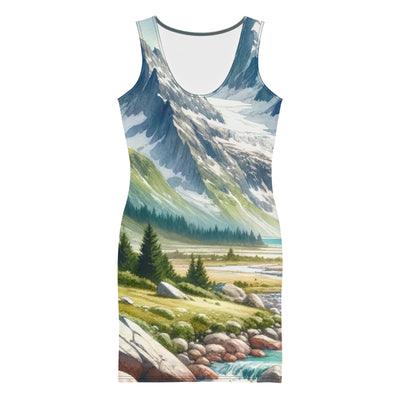 Aquarellmalerei eines Bären und der sommerlichen Alpenschönheit mit schneebedeckten Ketten - Langes Damen Kleid (All-Over Print) camping xxx yyy zzz