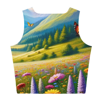 Ölgemälde einer ruhigen Almwiese, Oase mit bunter Wildblumenpracht - Damen Crop Top (All-Over Print) camping xxx yyy zzz