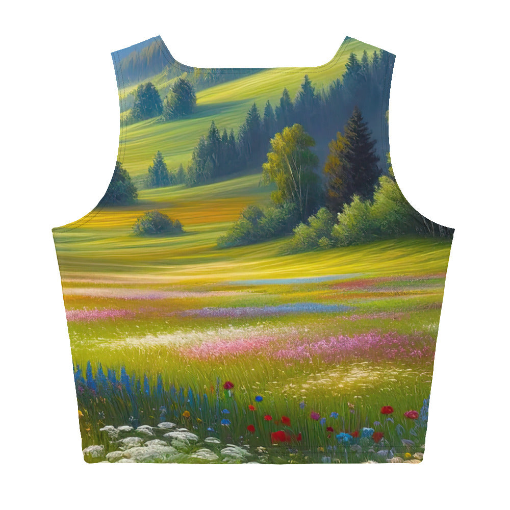 Ölgemälde einer Almwiese, Meer aus Wildblumen in Gelb- und Lilatönen - Damen Crop Top (All-Over Print) berge xxx yyy zzz XL