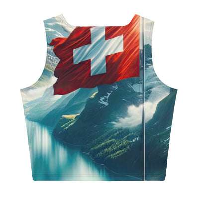 Ultraepische, fotorealistische Darstellung der Schweizer Alpenlandschaft mit Schweizer Flagge - Damen Crop Top (All-Over Print) berge xxx yyy zzz