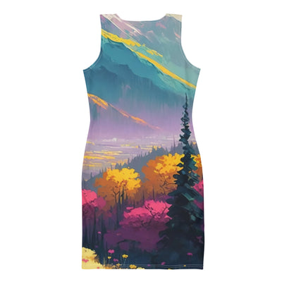 Berge, pinke und gelbe Bäume, sowie Blumen - Farbige Malerei - Langes Damen Kleid (All-Over Print) berge xxx