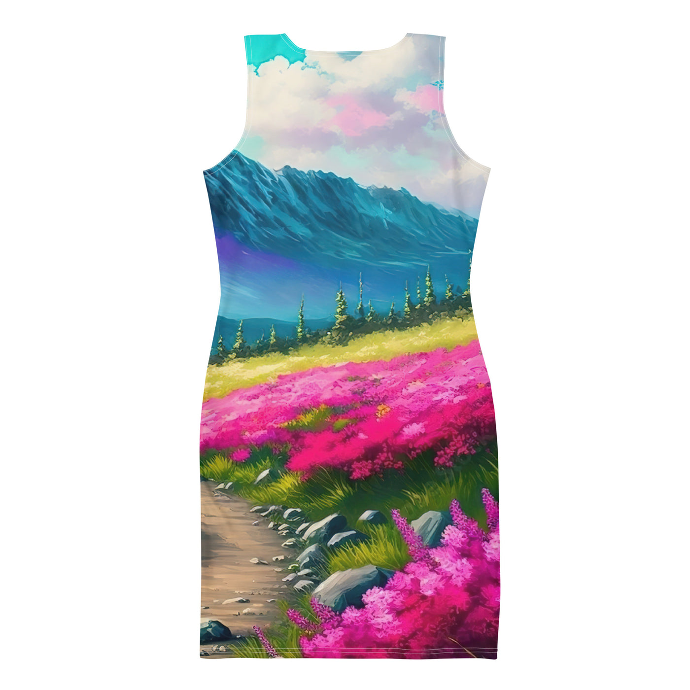 Berg, pinke Blumen und Wanderweg - Landschaftsmalerei - Langes Damen Kleid (All-Over Print) berge xxx