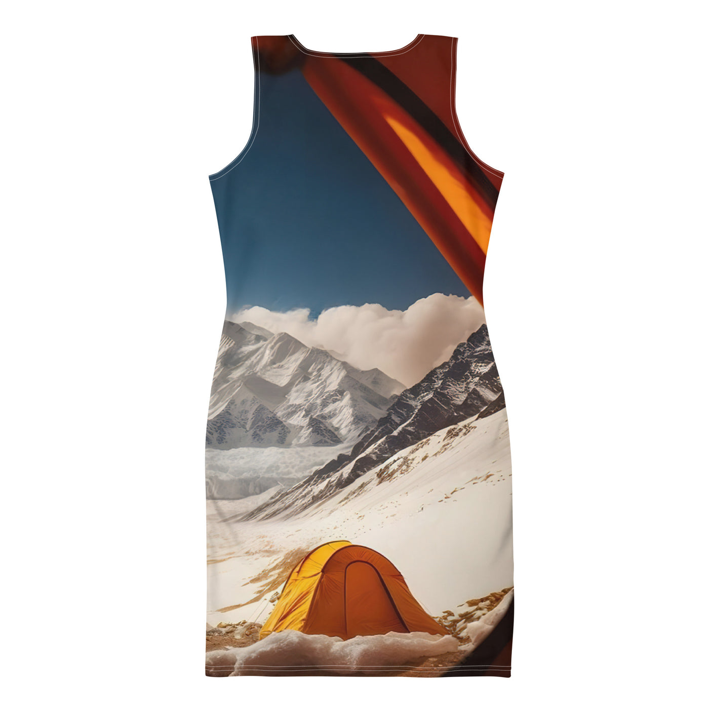 Foto aus dem Zelt - Berge und Zelte im Hintergrund - Tagesaufnahme - Langes Damen Kleid (All-Over Print) camping xxx