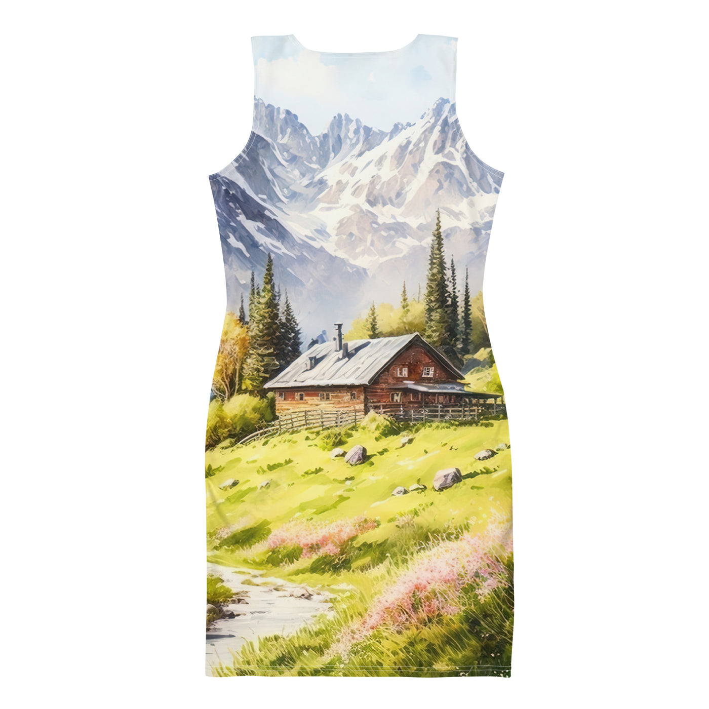 Epische Berge und Berghütte - Landschaftsmalerei - Langes Damen Kleid (All-Over Print) berge xxx