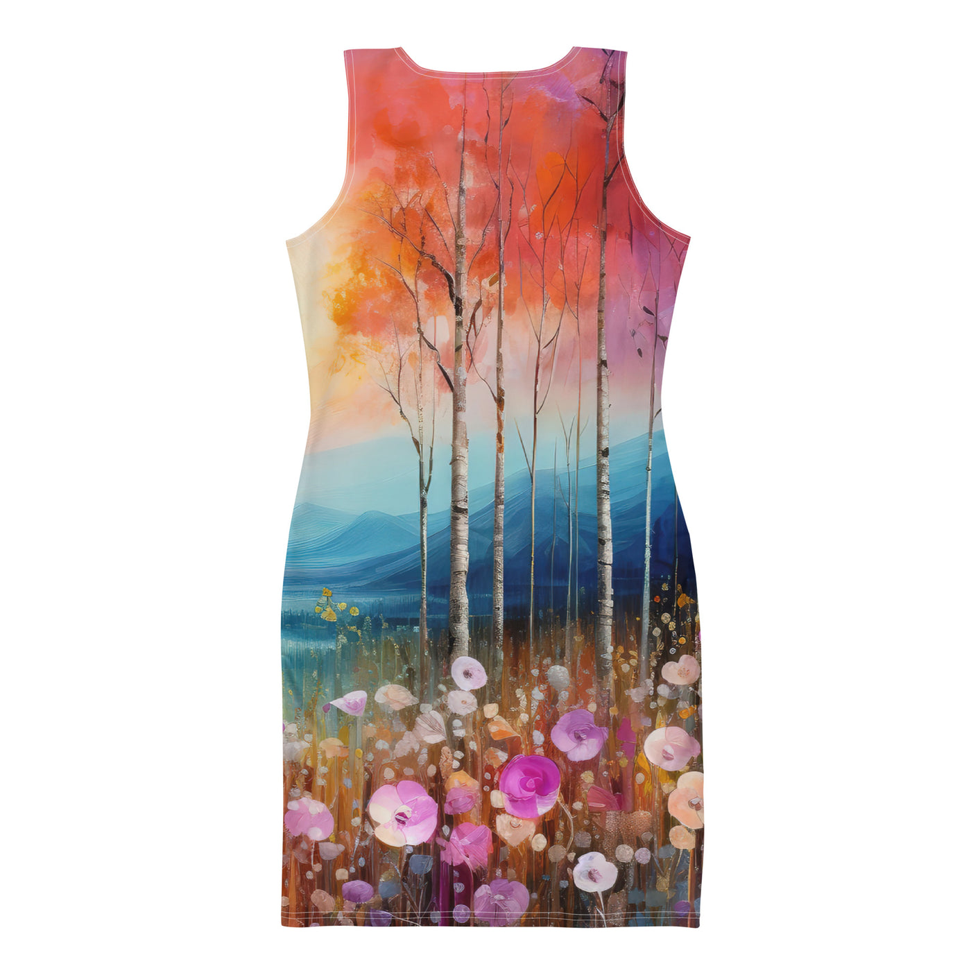 Berge, See, pinke Bäume und Blumen - Malerei - Langes Damen Kleid (All-Over Print) berge xxx