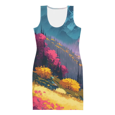 Berge, pinke und gelbe Bäume, sowie Blumen - Farbige Malerei - Langes Damen Kleid (All-Over Print) berge xxx