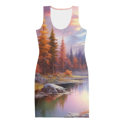 Landschaftsmalerei - Berge, Bäume, Bergsee und Herbstfarben - Langes Damen Kleid (All-Over Print) berge xxx