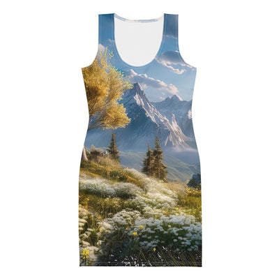 Berglandschaft mit Sonnenschein, Blumen und Bäumen - Malerei - Langes Damen Kleid (All-Over Print) berge xxx