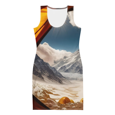 Foto aus dem Zelt - Berge und Zelte im Hintergrund - Tagesaufnahme - Langes Damen Kleid (All-Over Print) camping xxx XL
