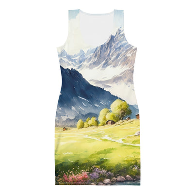 Epische Berge und Berghütte - Landschaftsmalerei - Langes Damen Kleid (All-Over Print) berge xxx