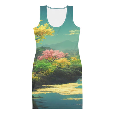 Berg, See und Wald mit pinken Bäumen - Landschaftsmalerei - Langes Damen Kleid (All-Over Print) berge xxx