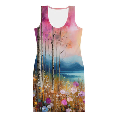 Berge, See, pinke Bäume und Blumen - Malerei - Langes Damen Kleid (All-Over Print) berge xxx