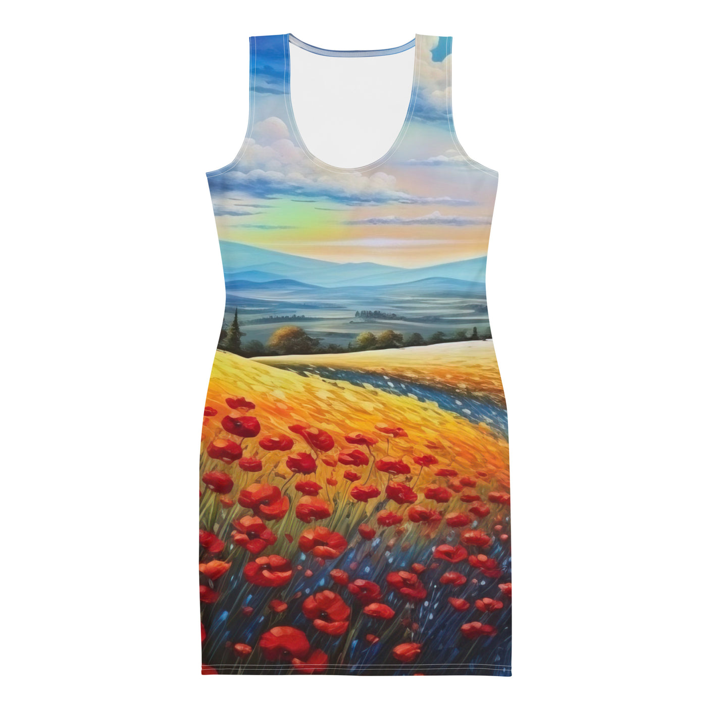 Feld mit roten Blumen und Berglandschaft - Landschaftsmalerei - Langes Damen Kleid (All-Over Print) berge xxx