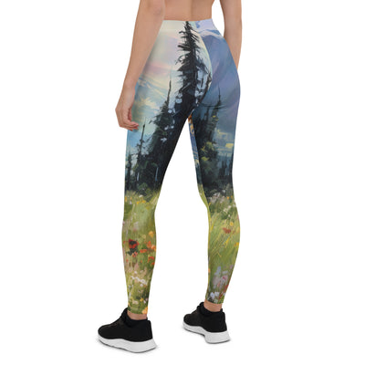 Frau mit langen Kleid im Feld mit Blumen - Berge im Hintergrund - Malerei - Leggings (All-Over Print) berge xxx