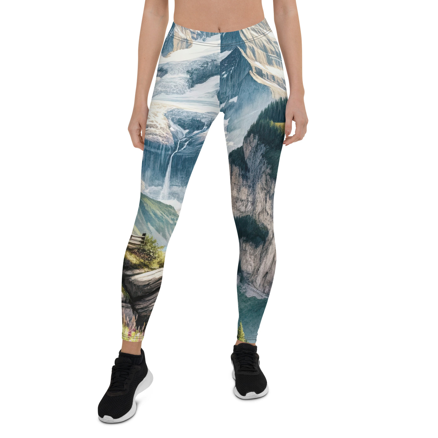 Aquarell-Panoramablick der Alpen mit schneebedeckten Gipfeln, Wasserfällen und Wanderern - Leggings (All-Over Print) wandern xxx yyy zzz