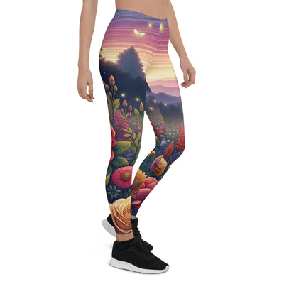 Skurriles Blumenfeld in Dämmerung, farbenfrohe Rosen, Lilien, Ringelblumen - Leggings (All-Over Print) camping xxx yyy zzz