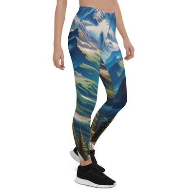 Panorama-Ölgemälde der Alpen mit schneebedeckten Gipfeln und schlängelnden Flusstälern - Leggings (All-Over Print) berge xxx yyy zzz