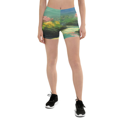 Berg, See und Wald mit pinken Bäumen - Landschaftsmalerei - Shorts (All-Over Print) berge xxx
