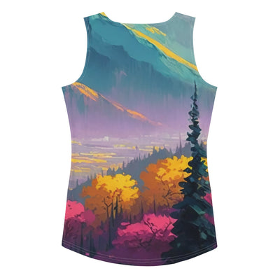 Berge, pinke und gelbe Bäume, sowie Blumen - Farbige Malerei - Damen Tanktop (All-Over Print) berge xxx