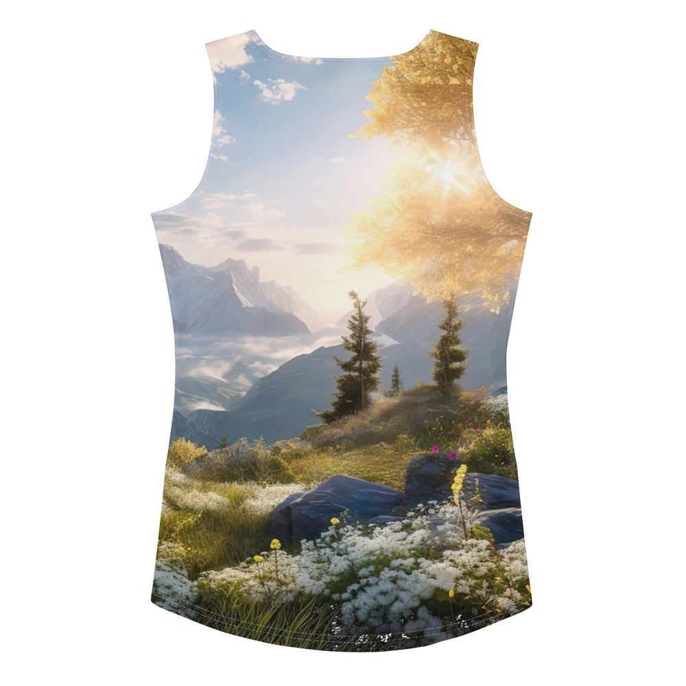 Berglandschaft mit Sonnenschein, Blumen und Bäumen - Malerei - Damen Tanktop (All-Over Print) berge xxx XL