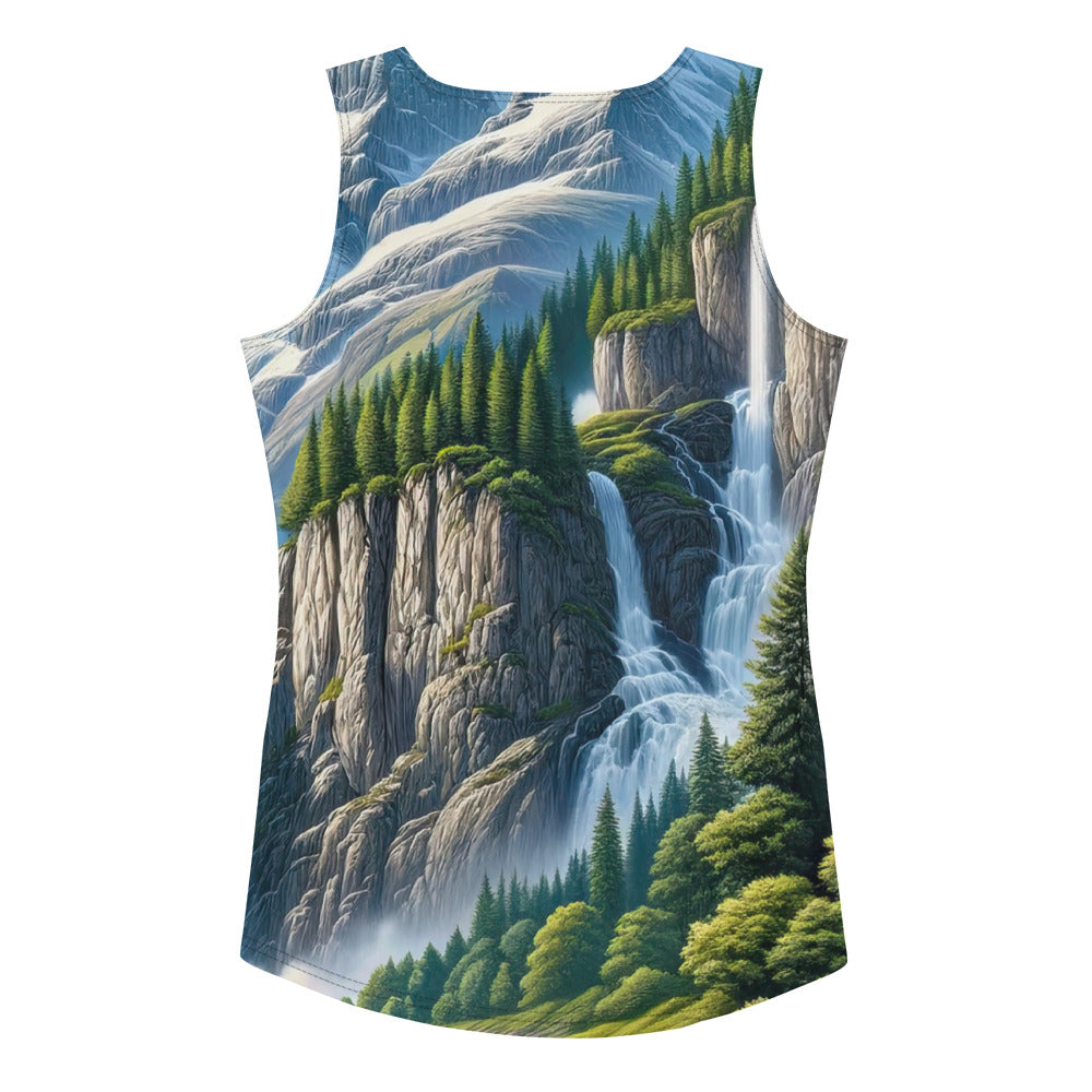 Illustration einer unberührten Alpenkulisse im Hochsommer. Wasserfall und See - Damen Tanktop (All-Over Print) berge xxx yyy zzz XL