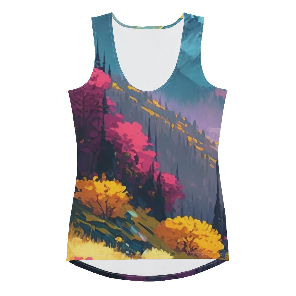 Berge, pinke und gelbe Bäume, sowie Blumen - Farbige Malerei - Damen Tanktop (All-Over Print) berge xxx