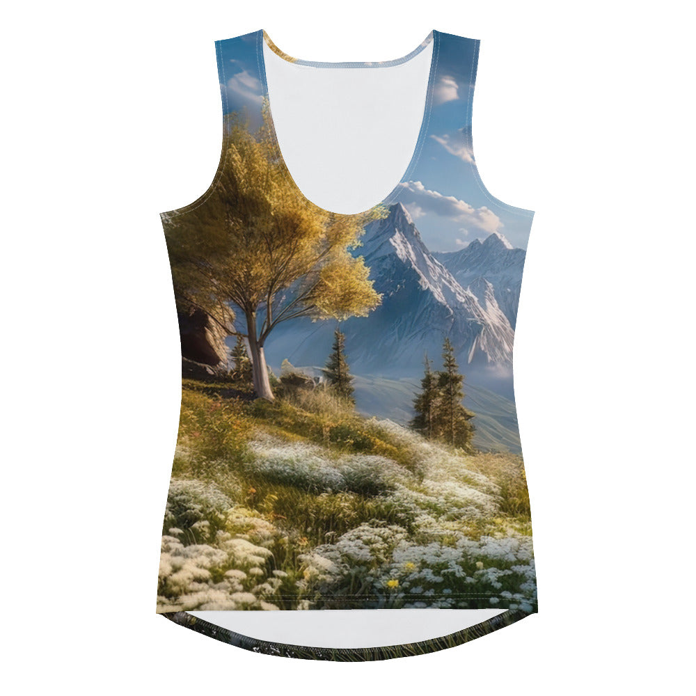 Berglandschaft mit Sonnenschein, Blumen und Bäumen - Malerei - Damen Tanktop (All-Over Print) berge xxx
