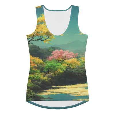 Berg, See und Wald mit pinken Bäumen - Landschaftsmalerei - Damen Tanktop (All-Over Print) berge xxx