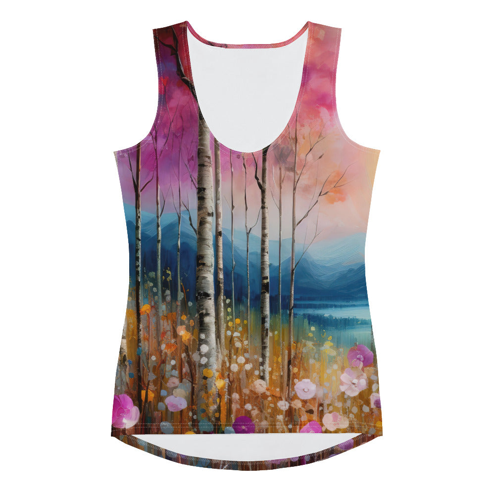 Berge, See, pinke Bäume und Blumen - Malerei - Damen Tanktop (All-Over Print) berge xxx