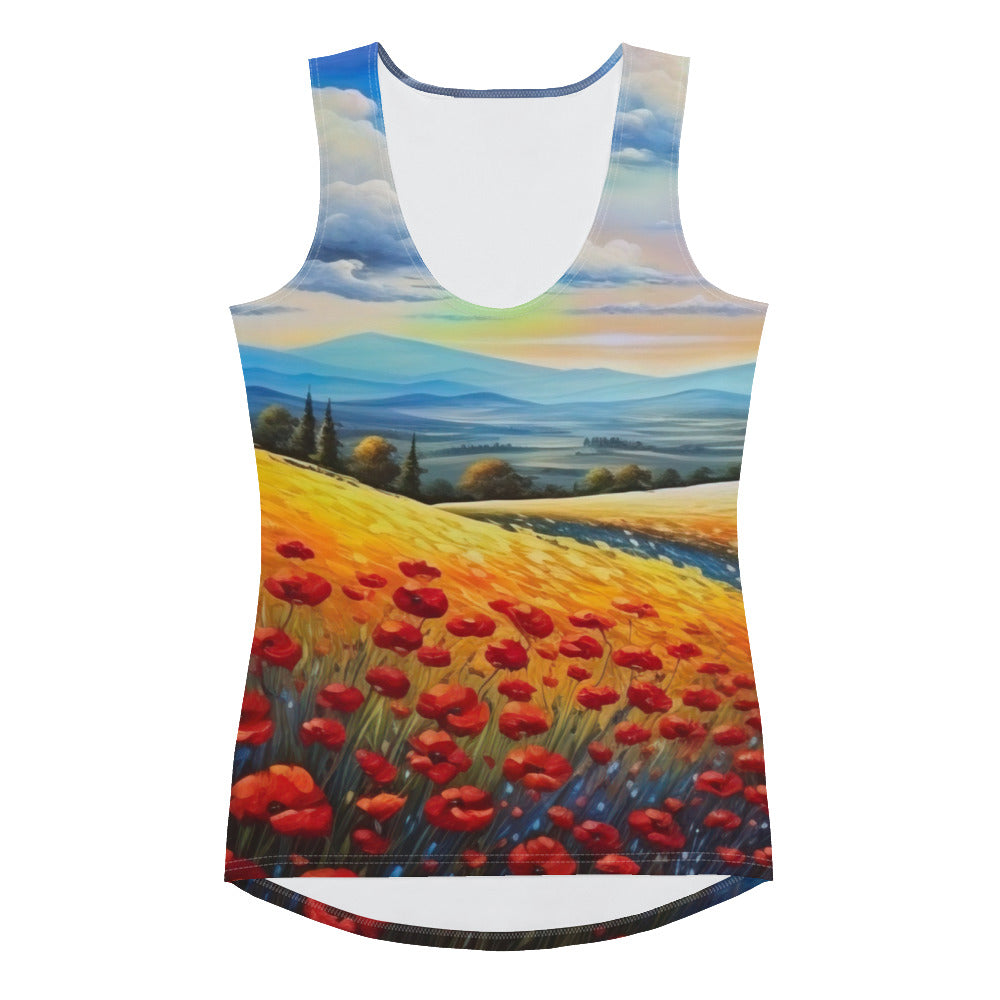 Feld mit roten Blumen und Berglandschaft - Landschaftsmalerei - Damen Tanktop (All-Over Print) berge xxx