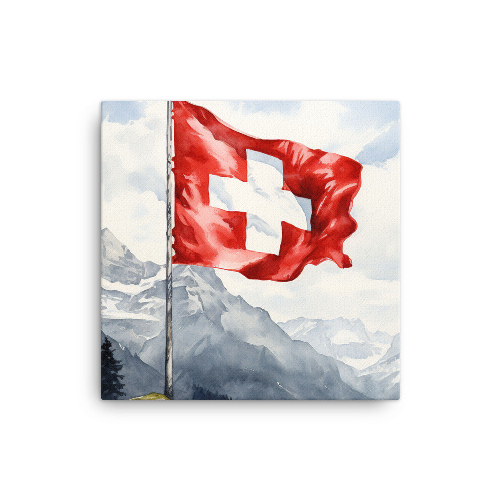 Schweizer Flagge und Berge im Hintergrund - Epische Stimmung - Malerei - Leinwand berge xxx 30.5 x 30.5 cm