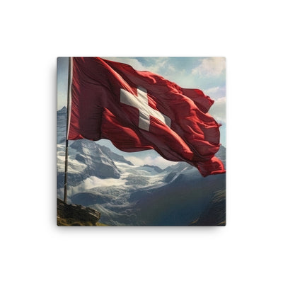 Schweizer Flagge und Berge im Hintergrund - Fotorealistische Malerei - Leinwand berge xxx 30.5 x 30.5 cm