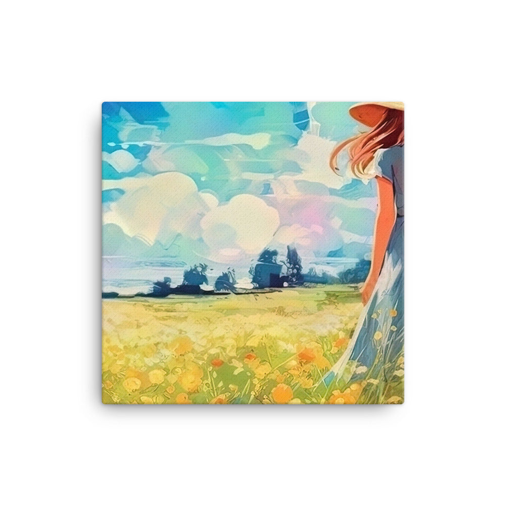 Dame mit Hut im Feld mit Blumen - Landschaftsmalerei - Leinwand camping xxx 30.5 x 30.5 cm