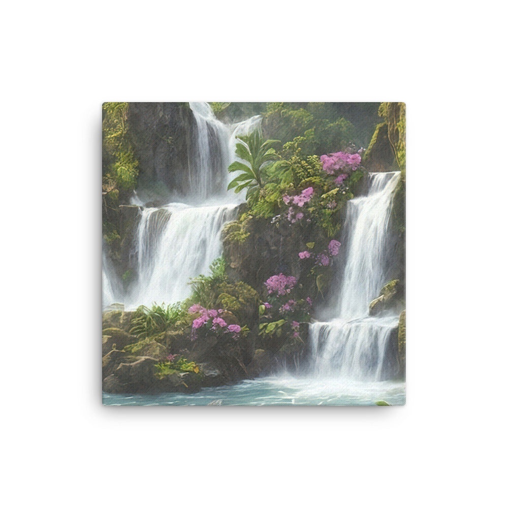 Wasserfall im Wald und Blumen - Schöne Malerei - Leinwand camping xxx 30.5 x 30.5 cm