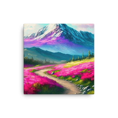 Berg, pinke Blumen und Wanderweg - Landschaftsmalerei - Leinwand berge xxx 30.5 x 30.5 cm