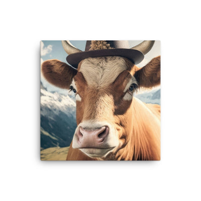 Kuh mit Hut in den Alpen - Berge im Hintergrund - Landschaftsmalerei - Leinwand berge xxx 30.5 x 30.5 cm