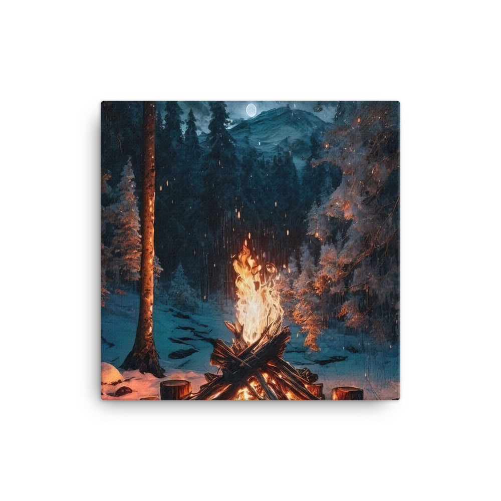 Lagerfeuer beim Camping - Wald mit Schneebedeckten Bäumen - Malerei - Leinwand camping xxx 30.5 x 30.5 cm