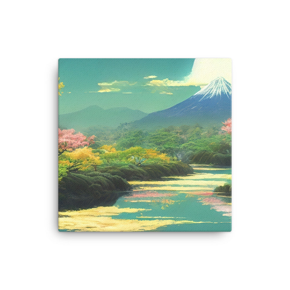 Berg, See und Wald mit pinken Bäumen - Landschaftsmalerei - Leinwand berge xxx 30.5 x 30.5 cm