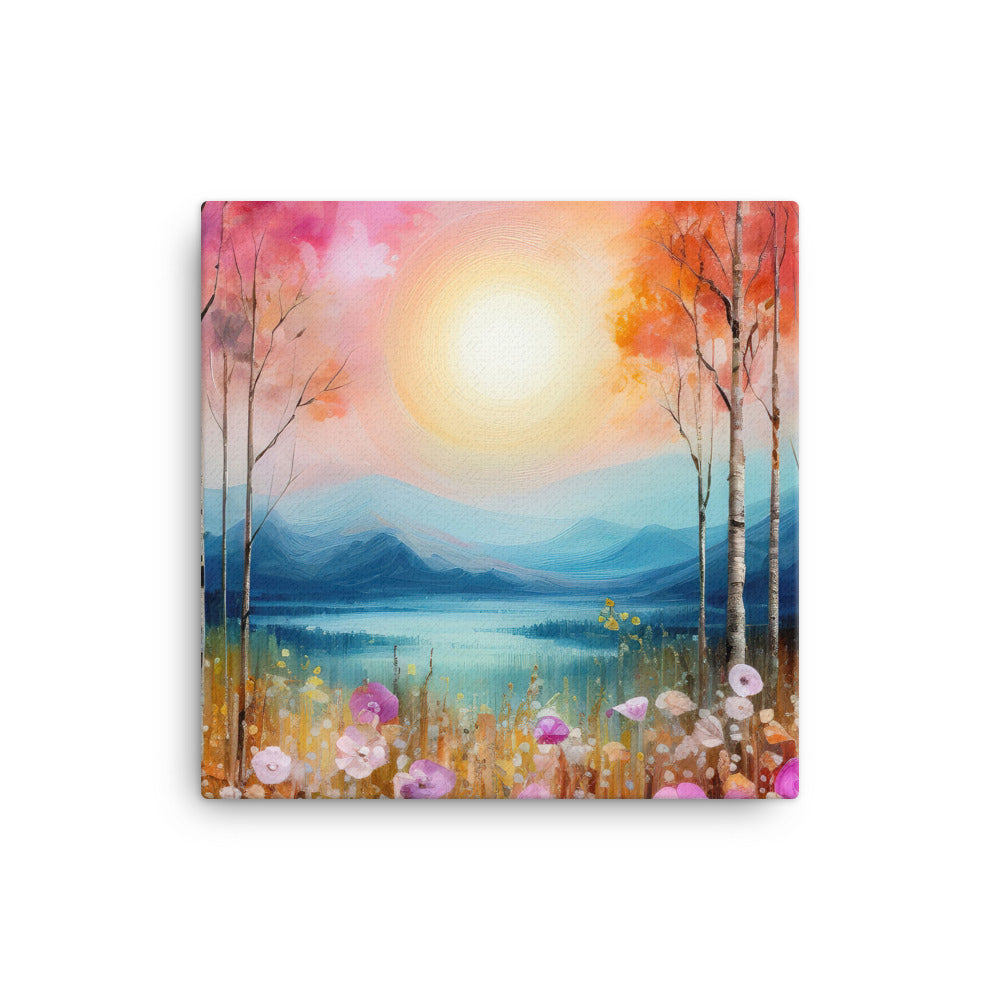 Berge, See, pinke Bäume und Blumen - Malerei - Leinwand berge xxx 30.5 x 30.5 cm
