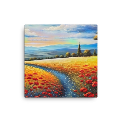 Feld mit roten Blumen und Berglandschaft - Landschaftsmalerei - Leinwand berge xxx 30.5 x 30.5 cm